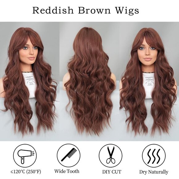 Long Wavy Reddish Brown Wigs With Bangs 28 Inch Chocolate Brown Side Part Curtai - Picture 3 of 7